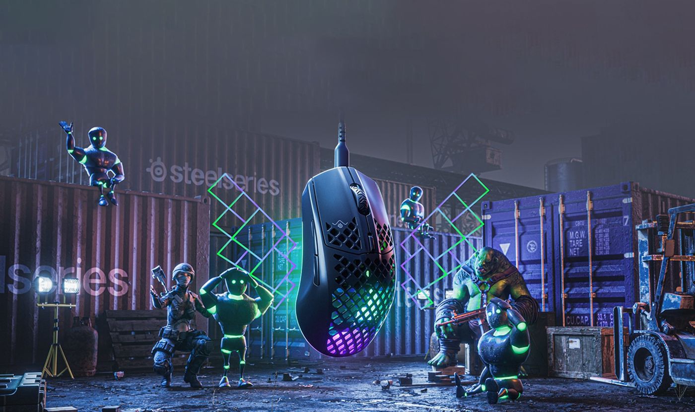 SteelSeries Aerox 3 Gaming Mouse Desktop View illustrating lightning-fast response capabilities