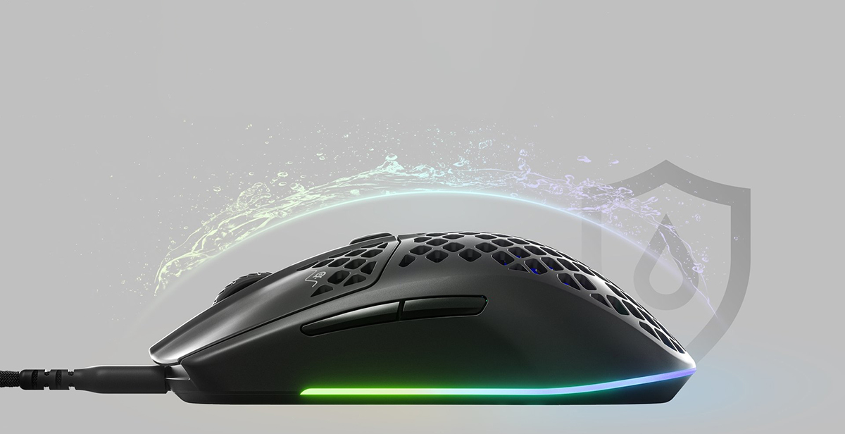 SteelSeries Aerox 3 Gaming Mouse with AquaBarrier Protection Desktop View