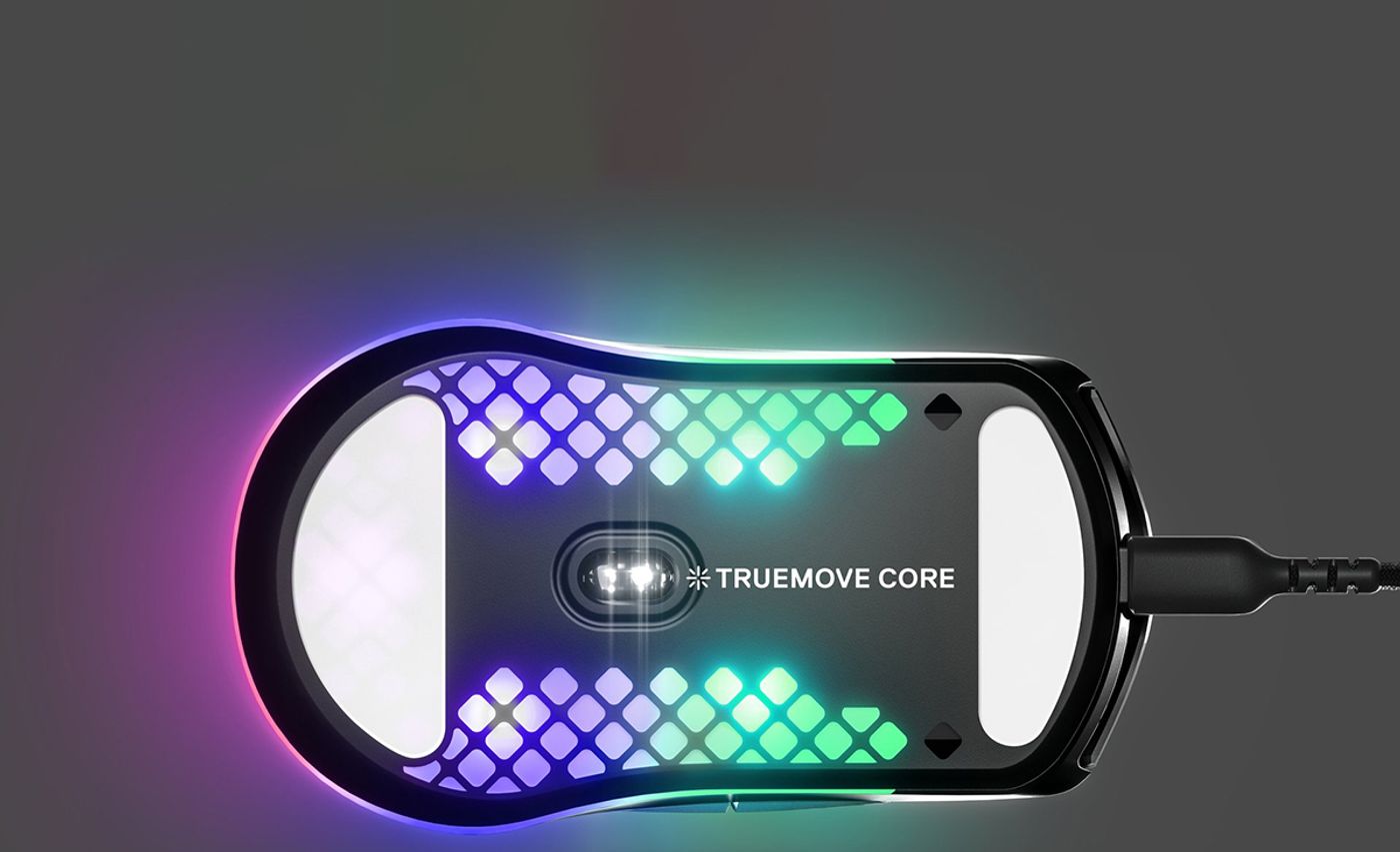 SteelSeries Aerox 3 Gaming Mouse Desktop View of TrueMove Core sensor