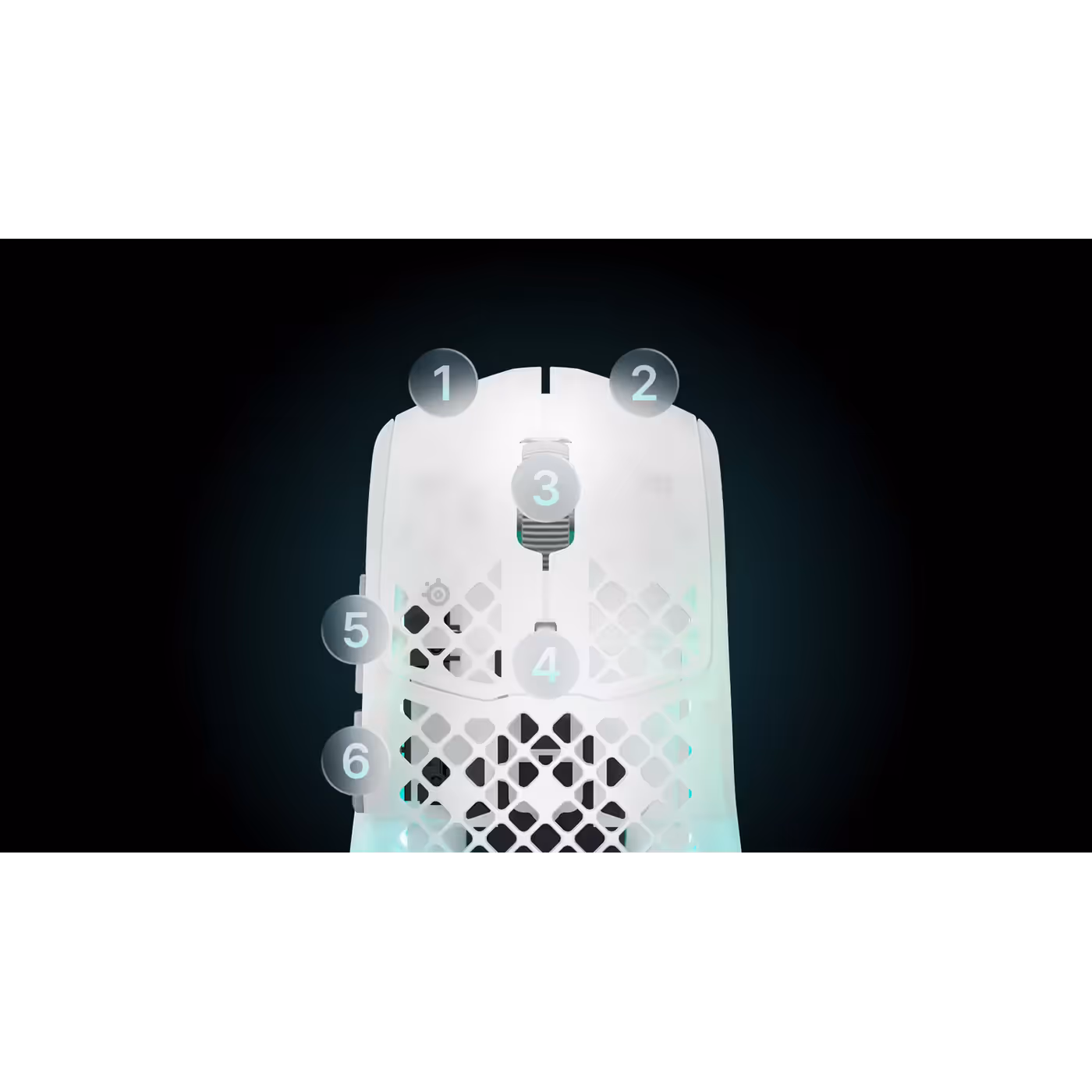 Top view of the Aerox 3 Wireless Gen 2 Ghost with its six buttons numbered