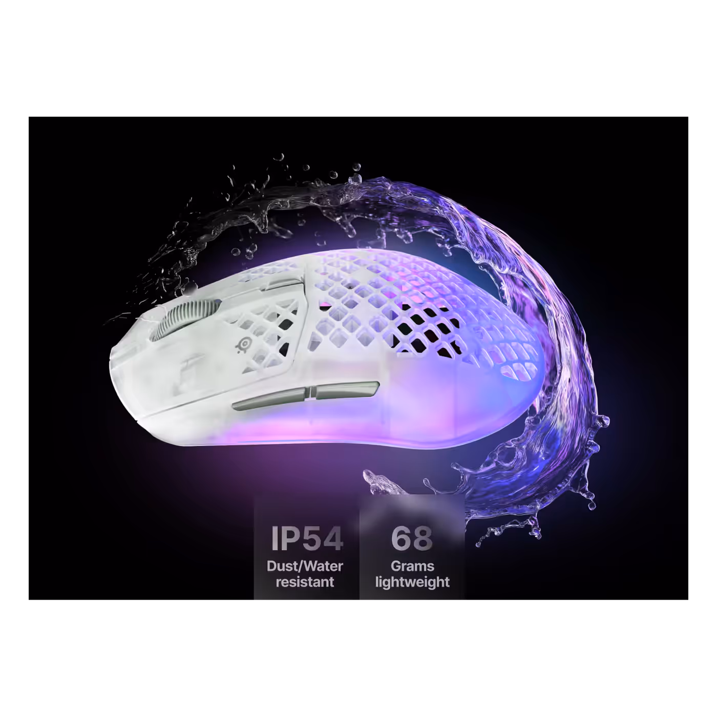 Aerox 3 Wireless Gen 2 Ghost in a water splash with IP54 and 68g badges