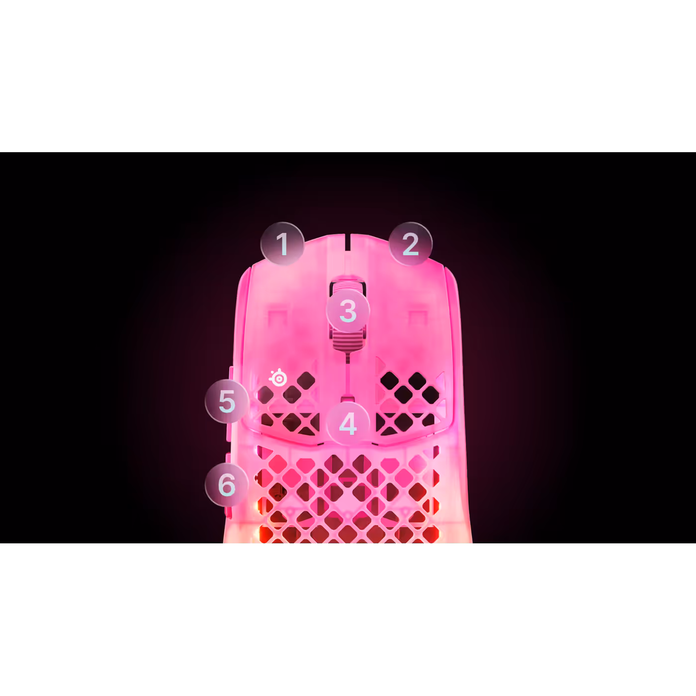 Top view of the Aerox 3 Wireless Gen 2 Magenta Haze with its six buttons numbered
