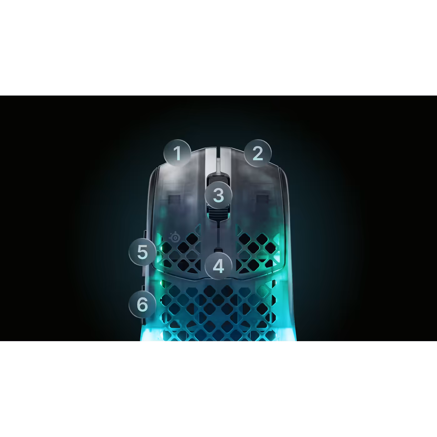 Top view of the Aerox 3 Wireless Gen 2 Shadow with its six buttons numbered