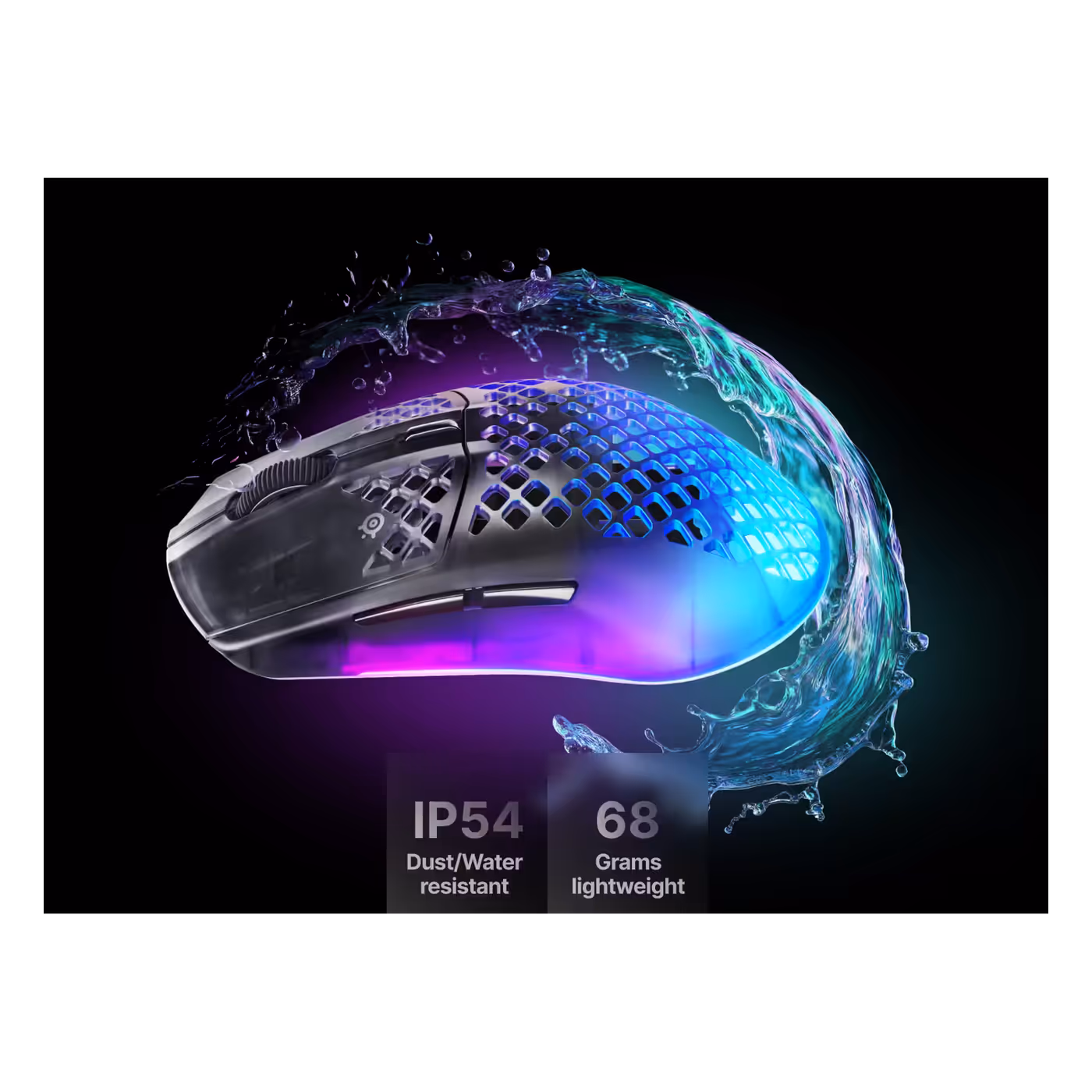 Aerox 3 Wireless Gen 2 Shadow in a water splash with IP54 and 68g badges