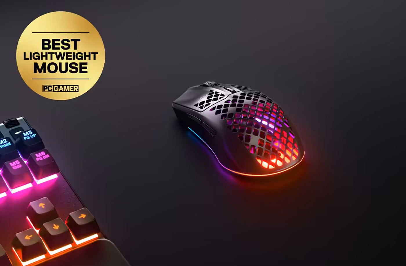 SteelSeries Aerox 3 Wireless gaming mouse shown from above during a fast swipe
