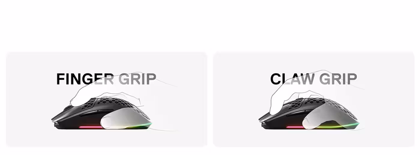 Recommended grip styles illustrated on the low-profile Aerox 3 Wireless