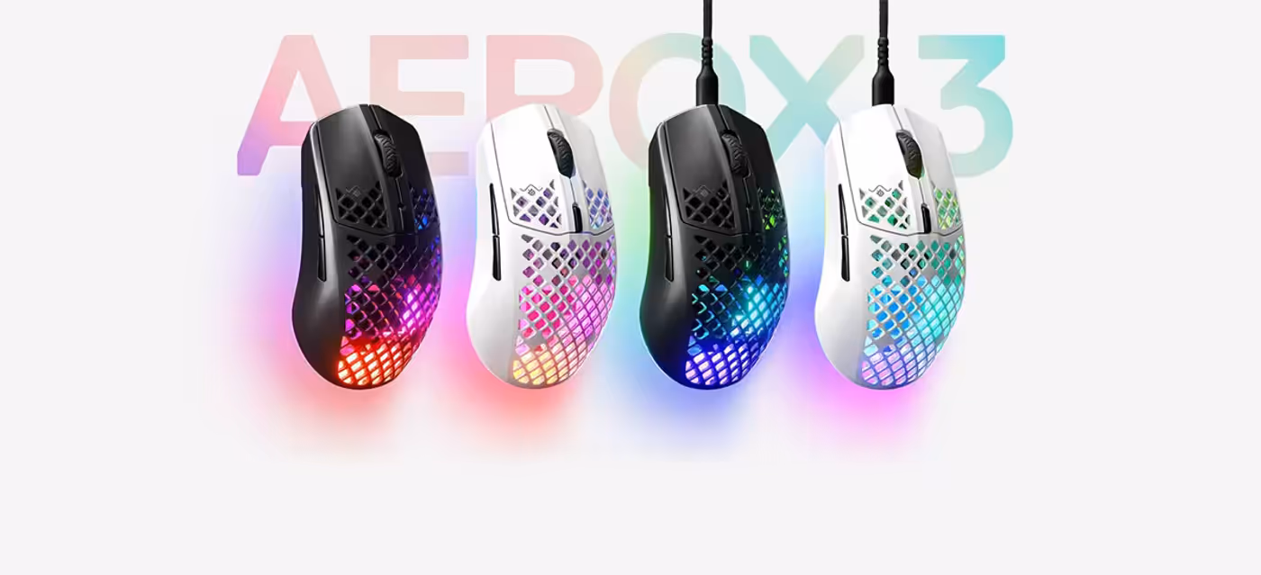 Aerox 3 Wireless mice shown with RGB lighting in different colours