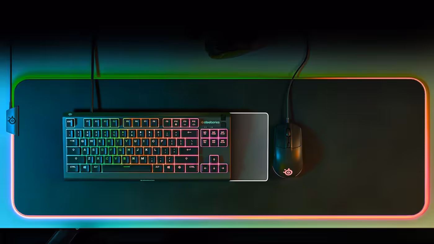 Top view of the illuminated SteelSeries Apex 3 TKL RGB Gaming Keyboard