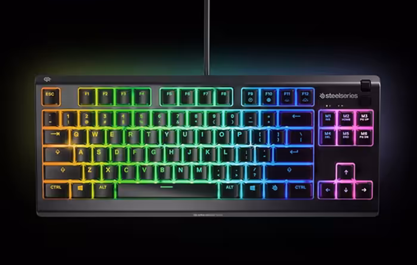 SteelSeries Apex 3 TKL RGB Gaming Keyboard showing vibrant 8-zone lighting