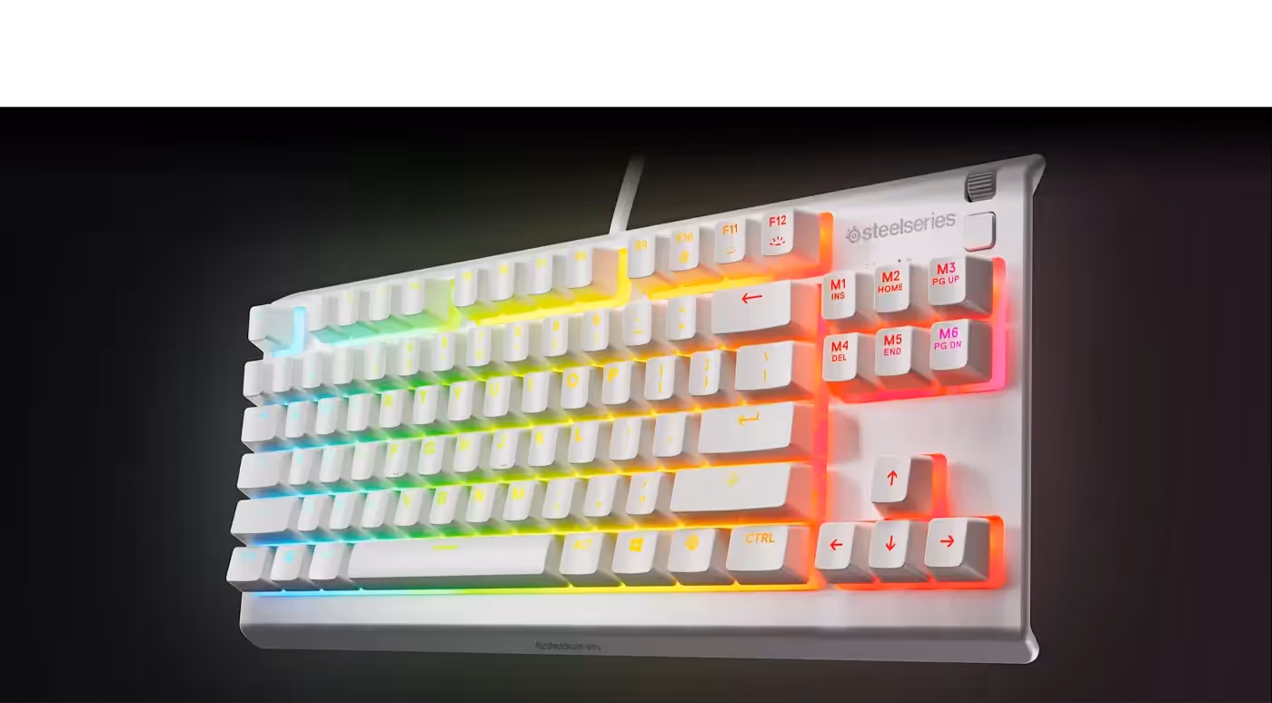 SteelSeries Apex 3 TKL RGB gaming keyboard in white shown from above in its compact tenkeyless layout