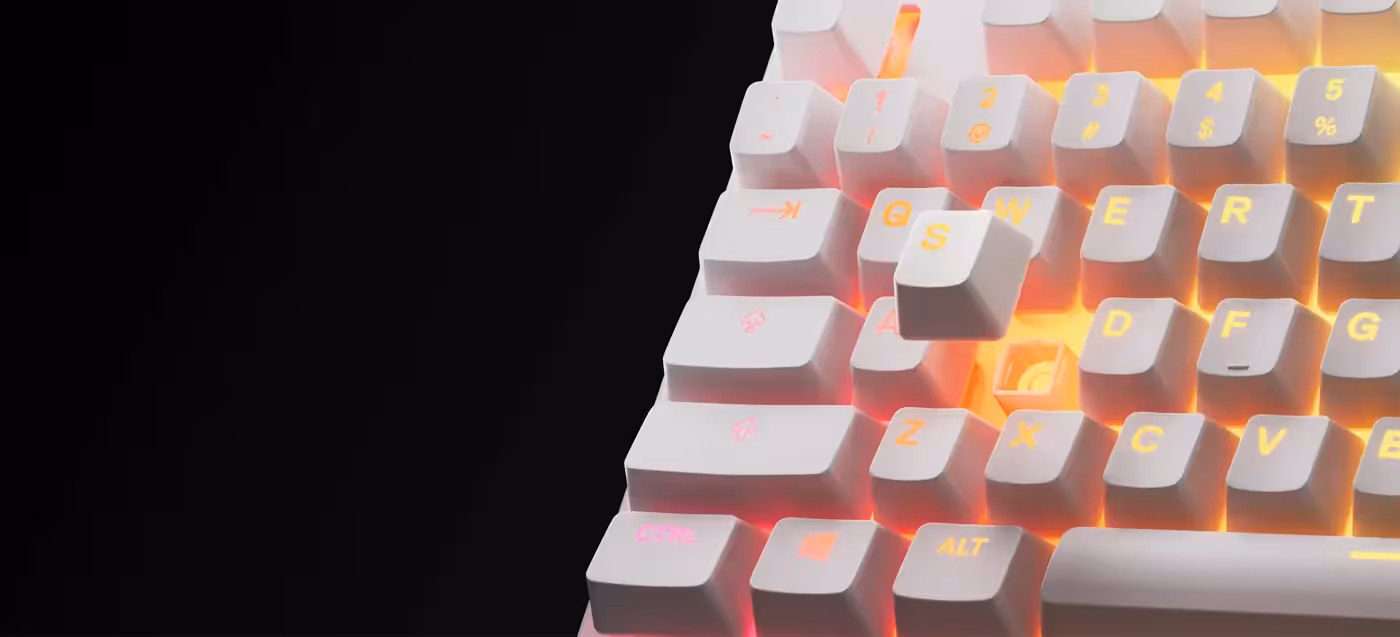 Close view of the whisper quiet gaming switches under the keycaps of the Apex 3 TKL