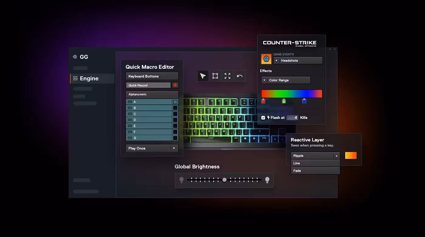 SteelSeries Engine software interface showing lighting and macro customisation for the Apex 3 TKL