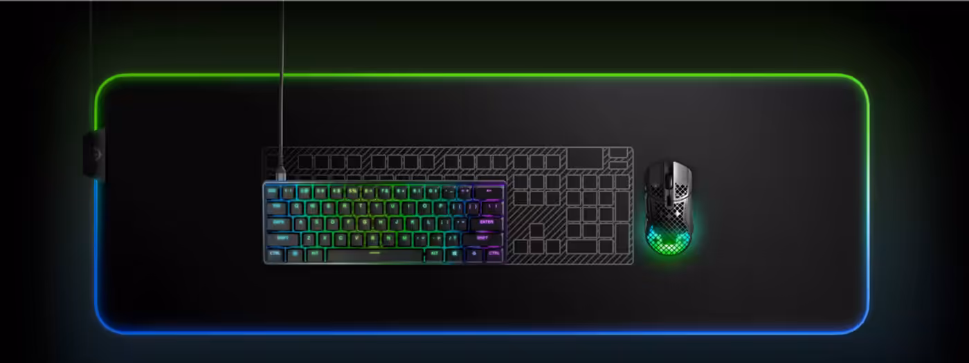 Compact 60% layout of the Apex 9 Mini designed for maximum desk efficiency