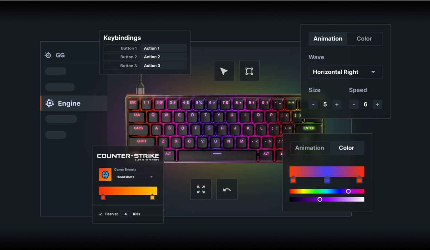SteelSeries Engine software interface showing per-key RGB lighting and actuation controls