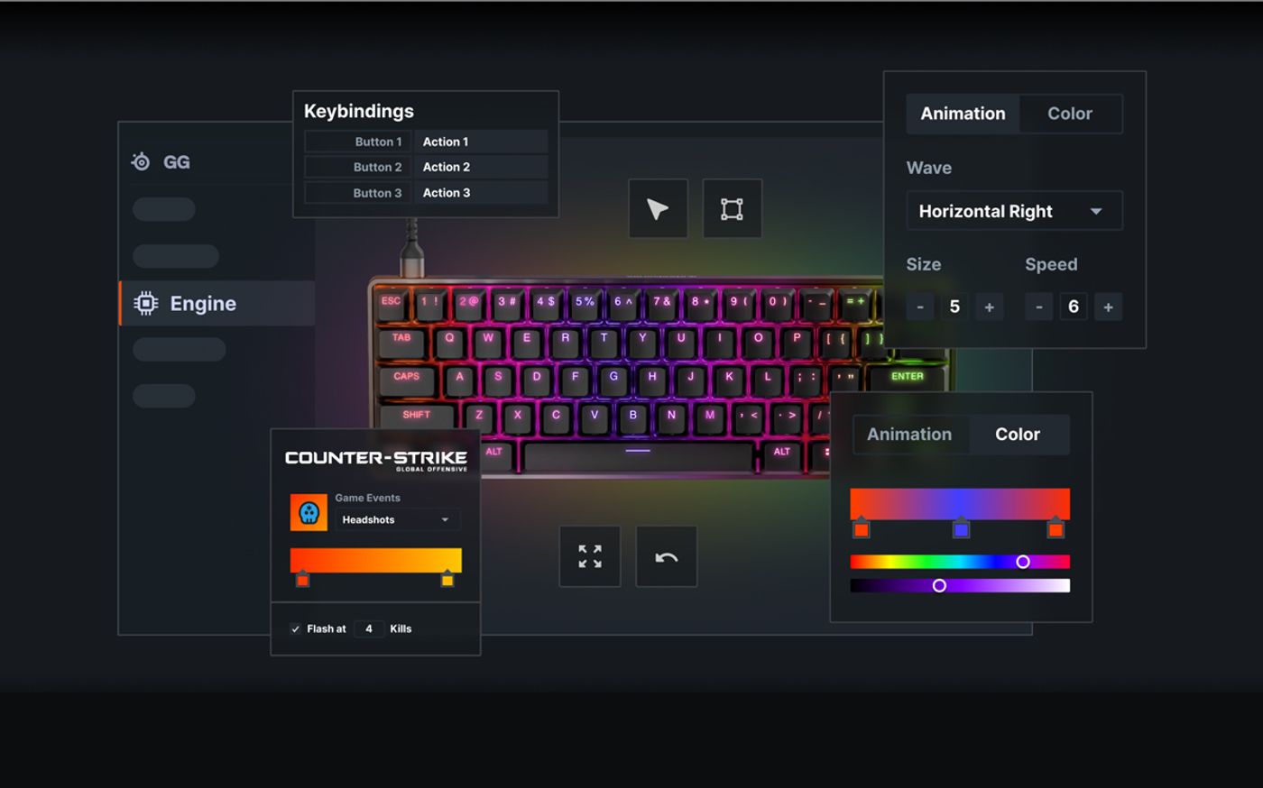 SteelSeries GG ecosystem screens shown alongside the Apex 9 Mini keyboard