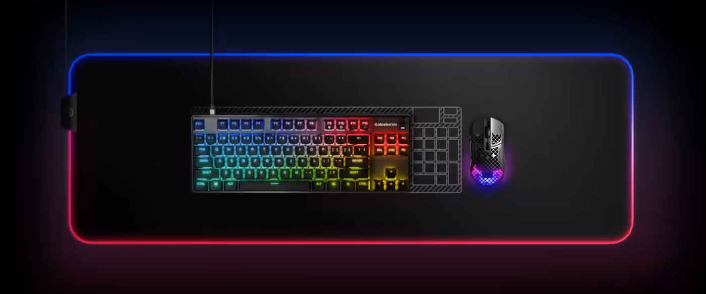 Compact tenkeyless footprint of the Apex 9 TKL next to a mouse