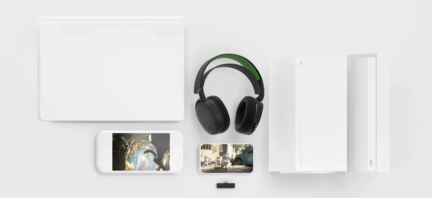 Arctis 7X+ headset shown with various gaming consoles and devices