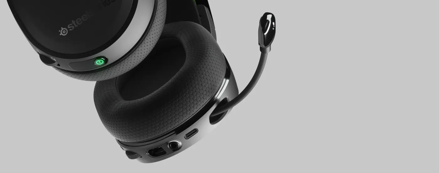 Close up of the retractable ClearCast microphone on the headset