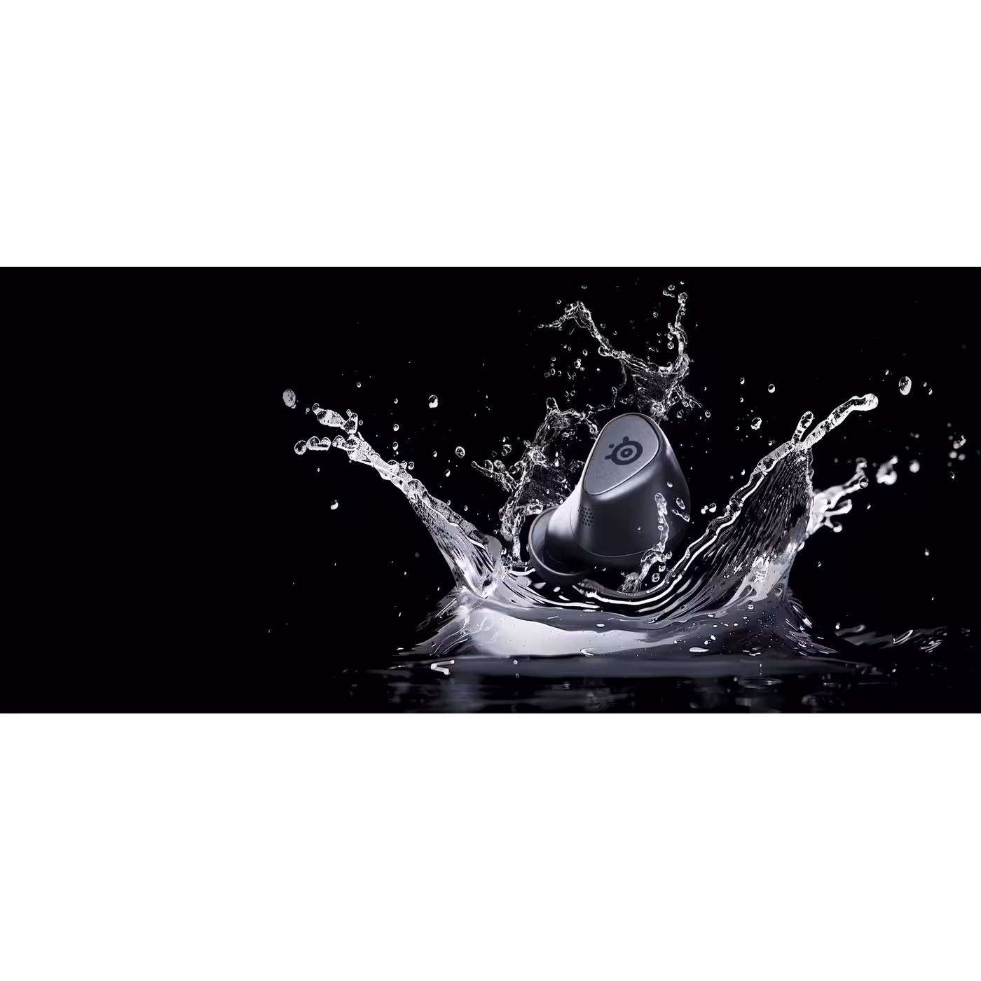 Arctis GameBuds Black bud in a water splash
