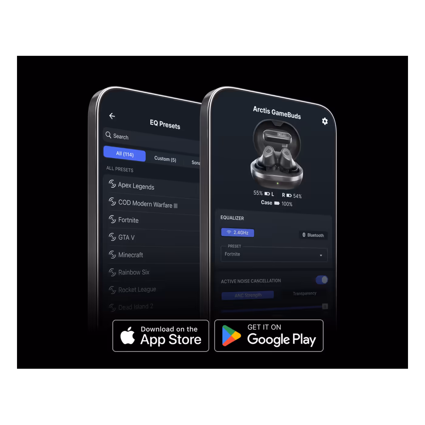 Arctis Companion App screens with the Black GameBuds