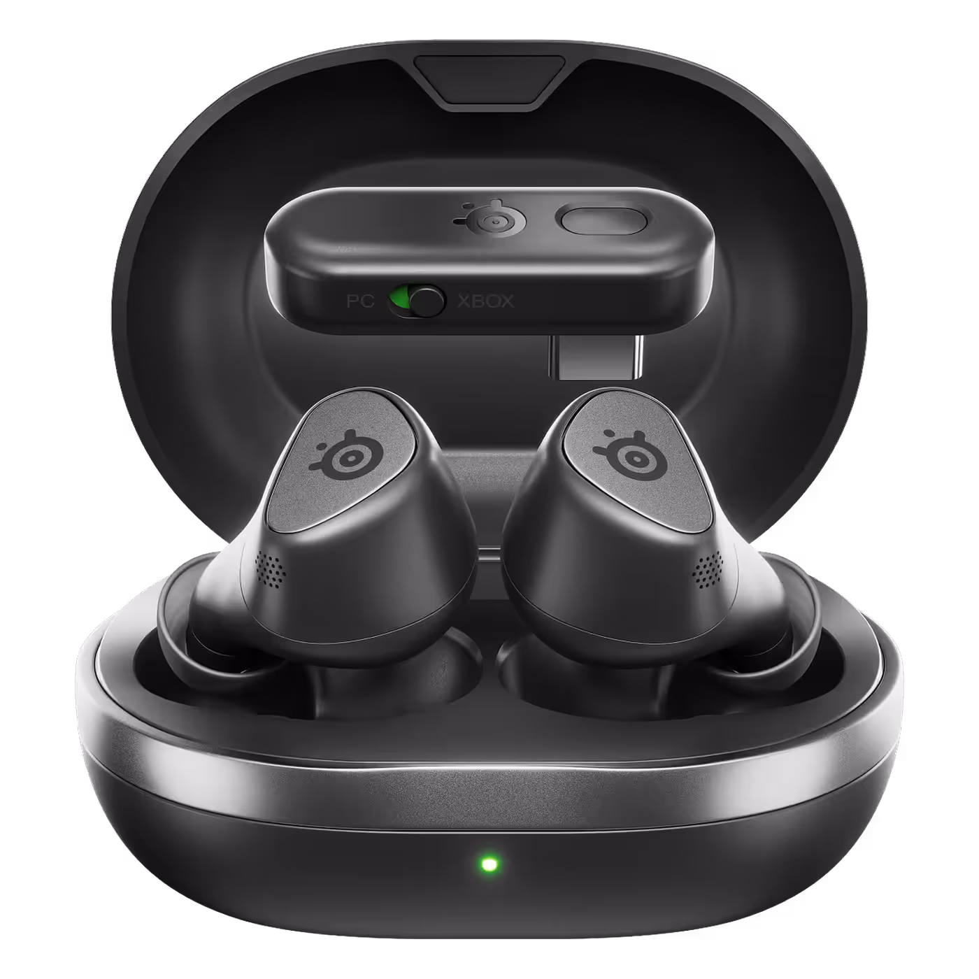 SteelSeries Arctis GameBuds for Xbox in Black sitting in their open charging case