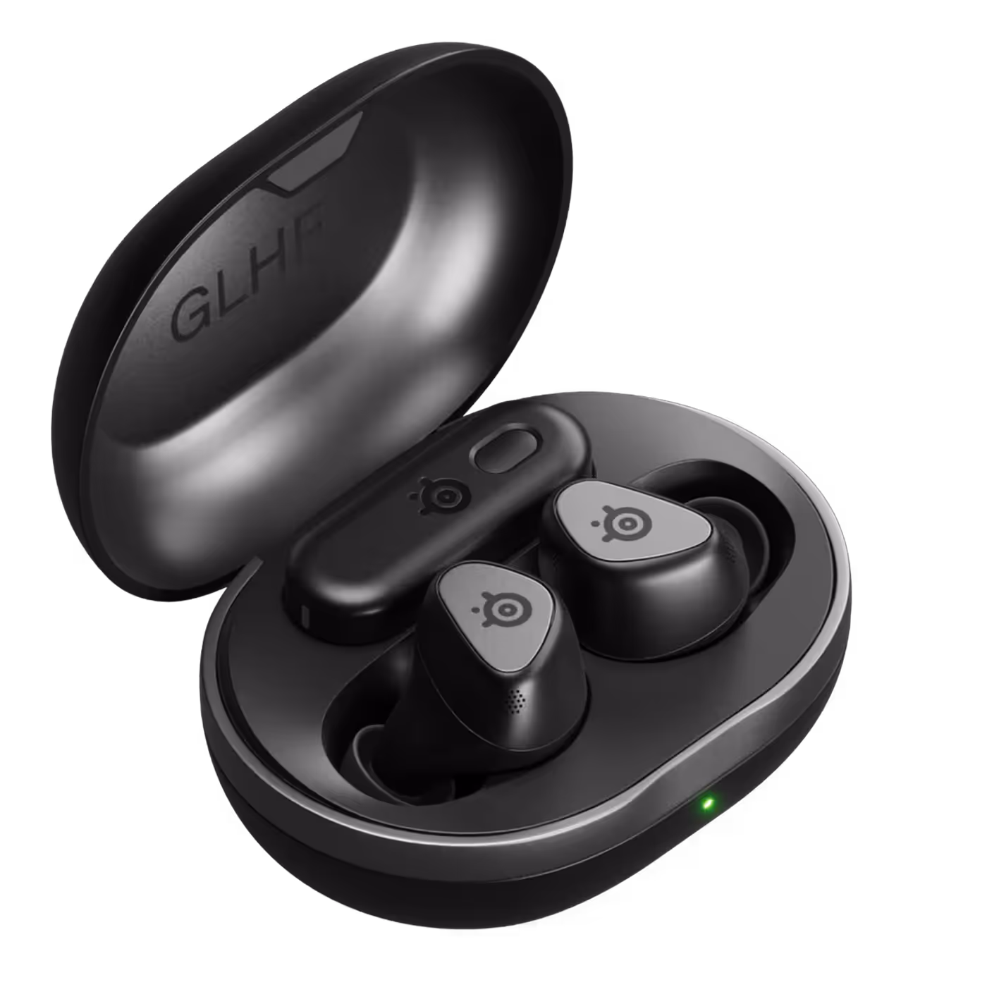 Arctis GameBuds Black earbuds in their open charging case