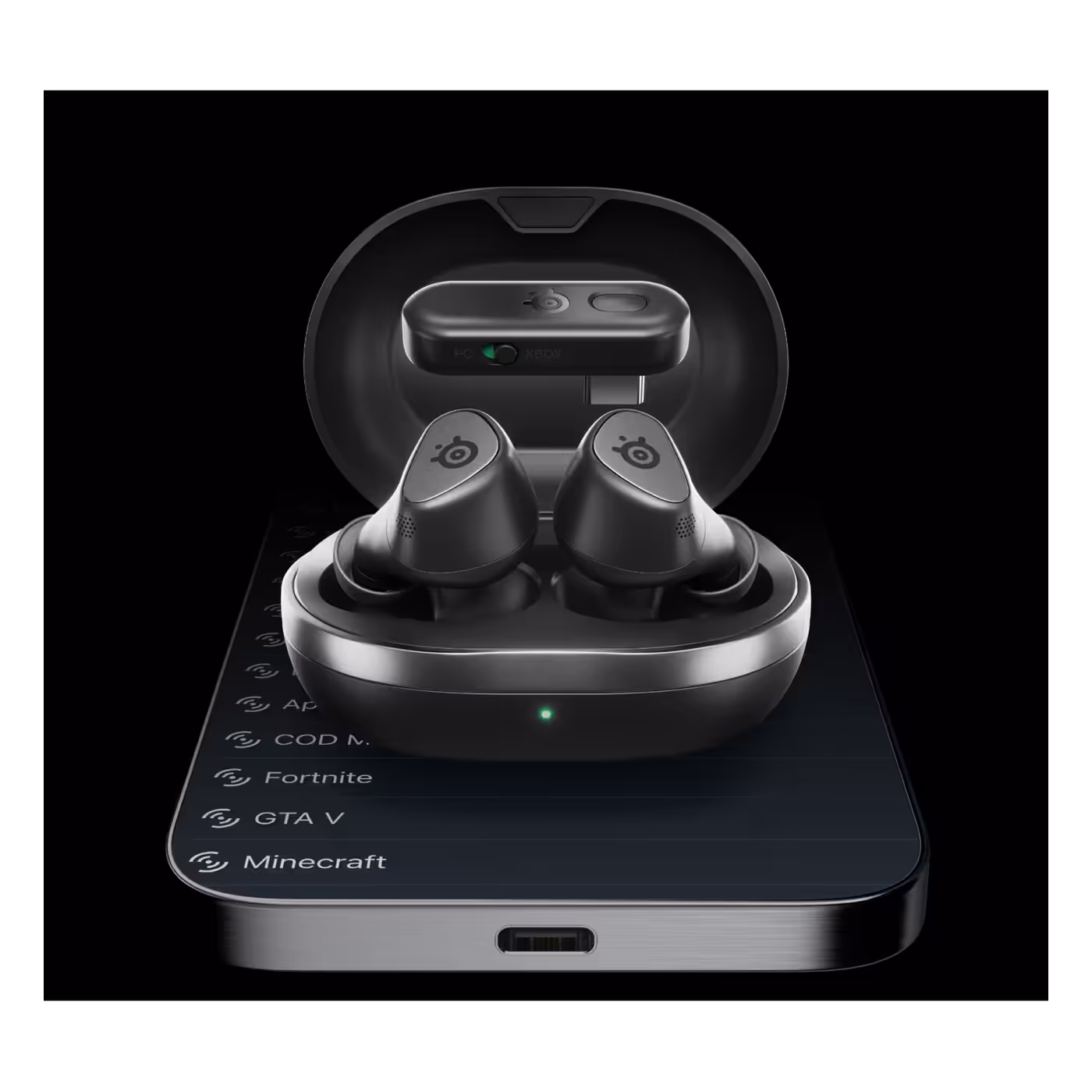 Arctis GameBuds in their charging case on top of the Arctis Companion App preset list