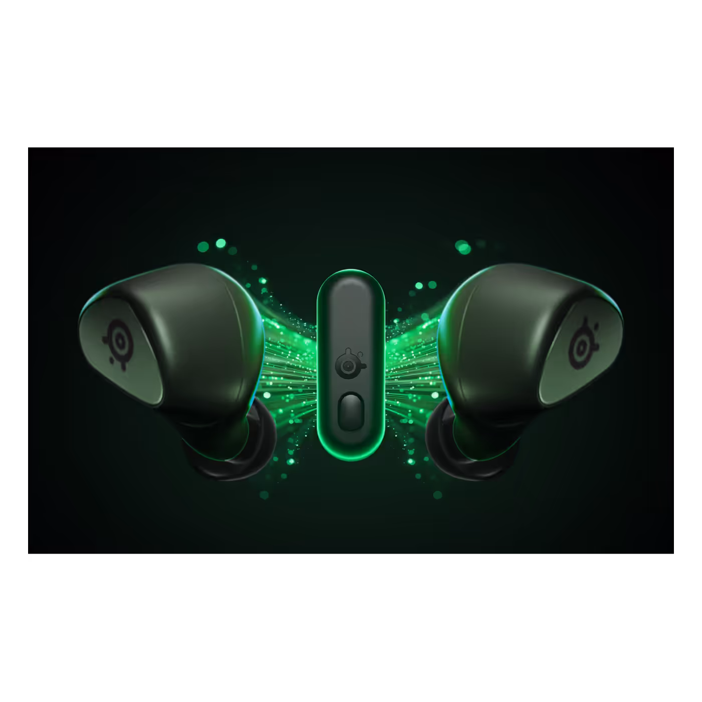 Arctis GameBuds Xbox edition earbuds and the USB-C dongle glowing green