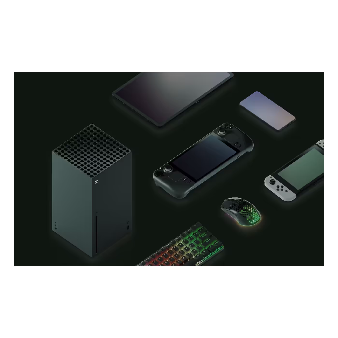 Xbox console, handheld, tablet, phone and Switch lined up next to a keyboard and mouse