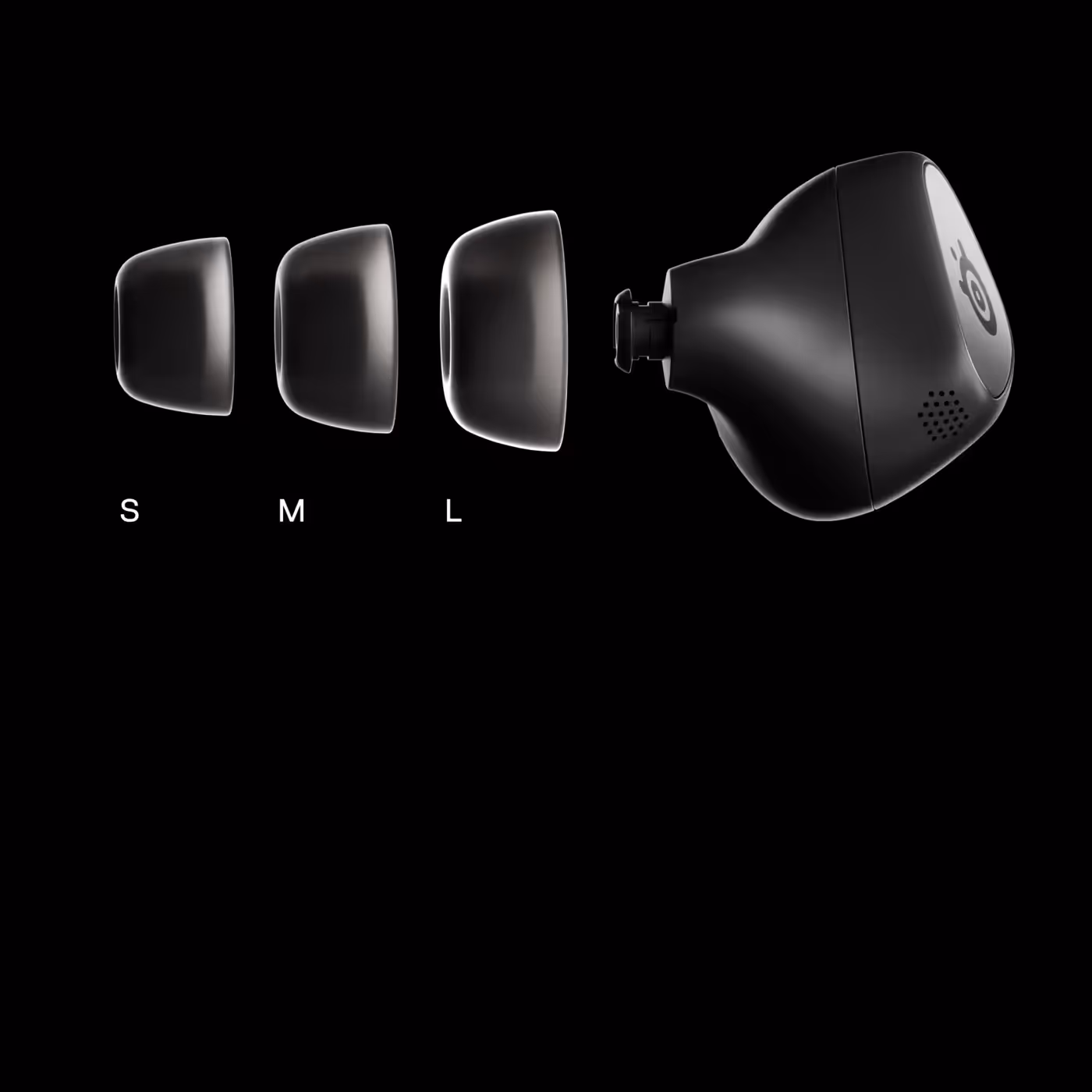 Arctis GameBuds earbud next to its small, medium and large silicone ear tips
