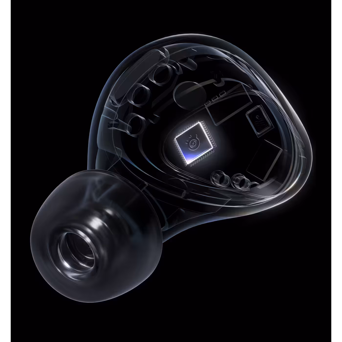 Cut-away render of an Arctis GameBuds earbud showing its internal components