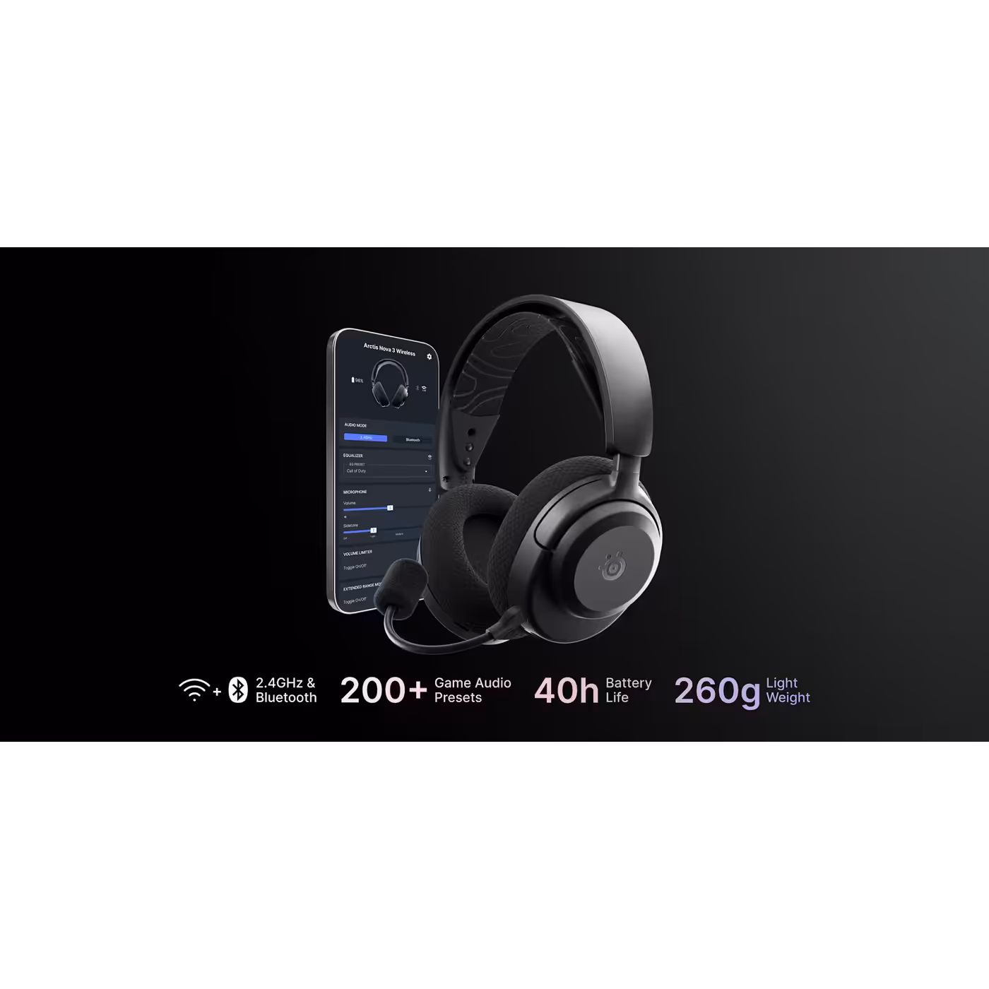 SteelSeries Arctis Nova 3 Wireless in Black beside a phone running the Arctis Companion app