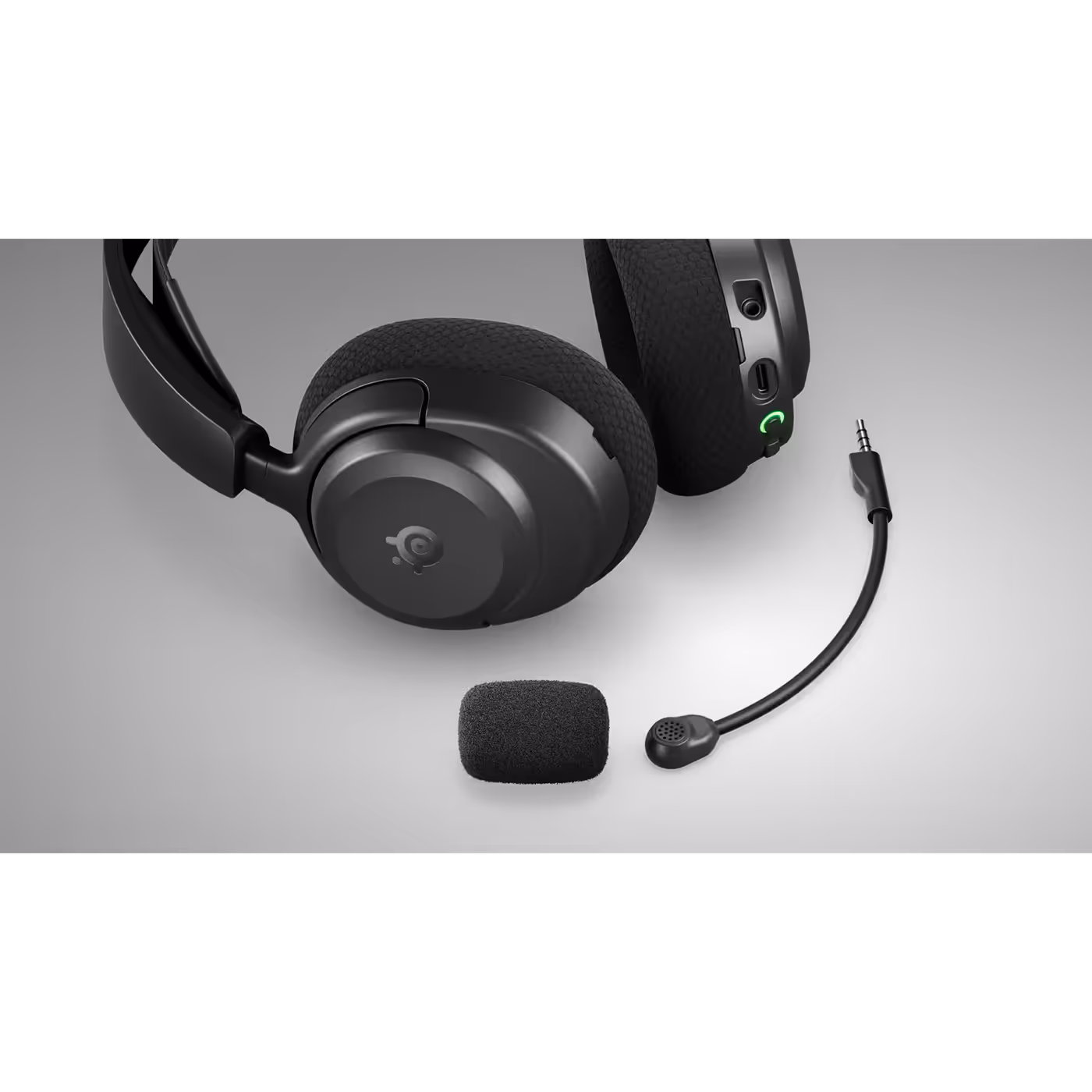 SteelSeries Arctis Nova 3 Wireless in Black with the boom mic and pop filter detached