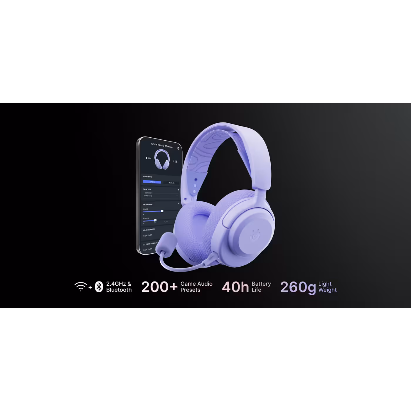 SteelSeries Arctis Nova 3 Wireless in Lavender beside a phone running the Arctis Companion app