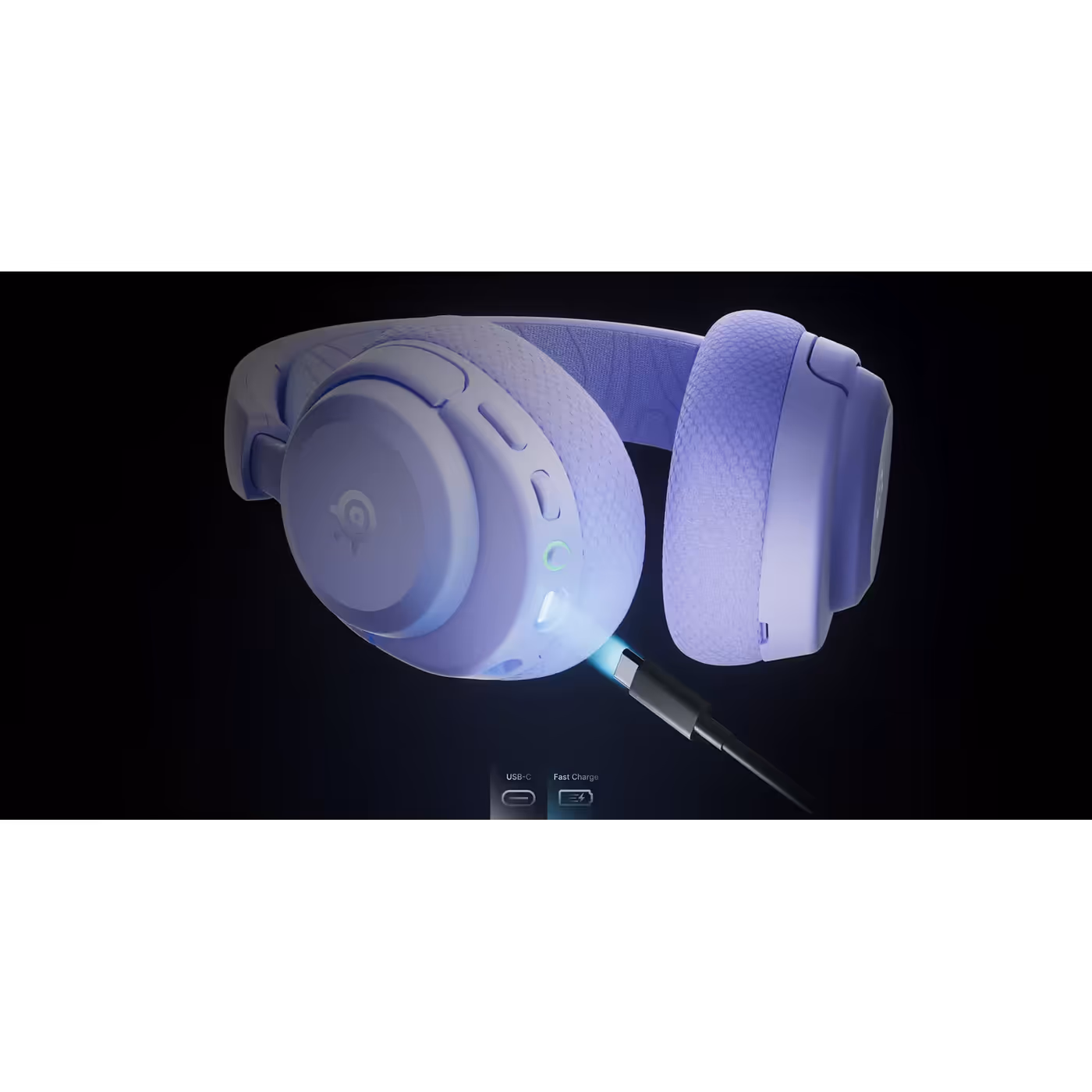 SteelSeries Arctis Nova 3 Wireless in Lavender charging through its USB-C port