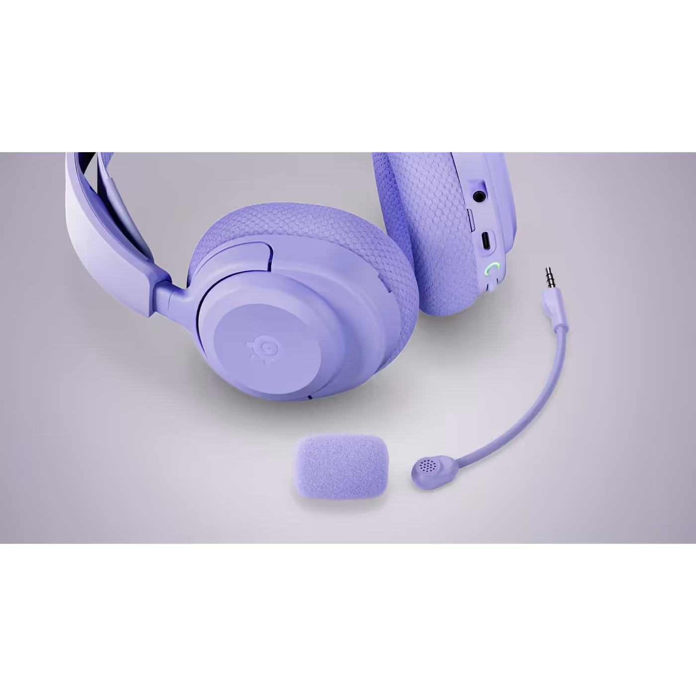 SteelSeries Arctis Nova 3 Wireless in Lavender with the boom mic and pop filter detached
