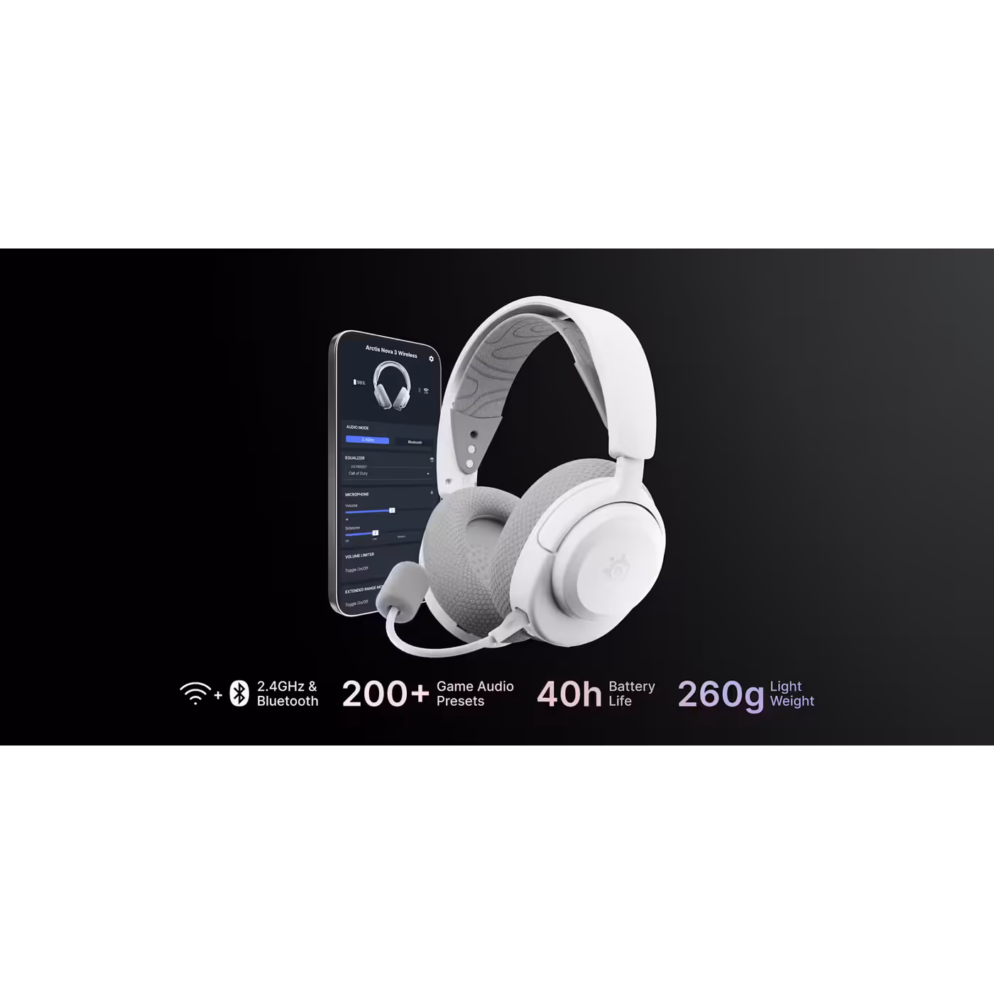 SteelSeries Arctis Nova 3 Wireless in White beside a phone running the Arctis Companion app