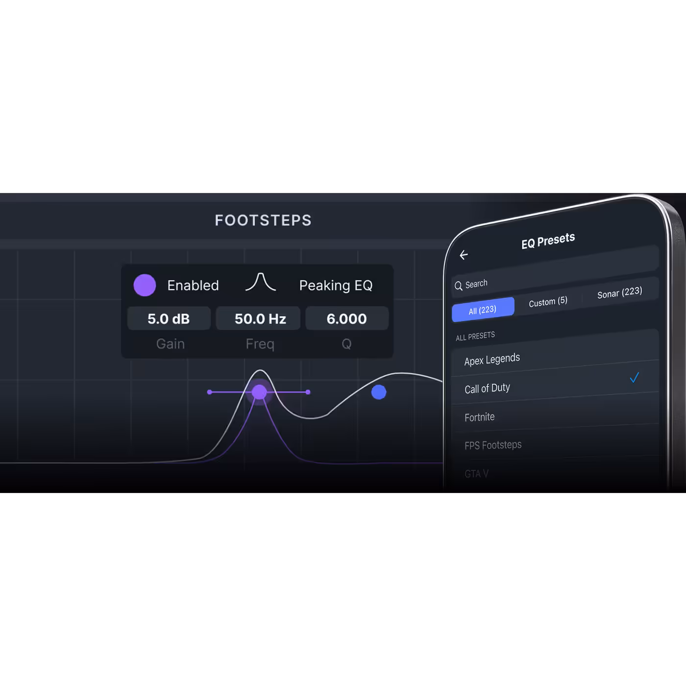 Arctis Companion app showing a footsteps EQ preset and the game preset list