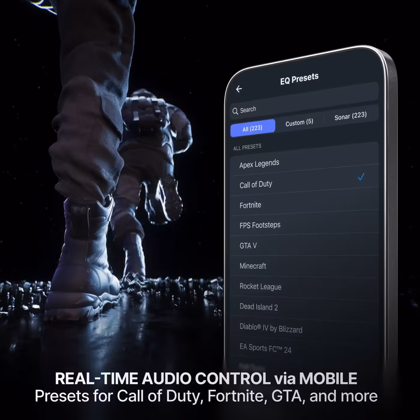 Phone showing the Arctis Companion EQ preset list beside an in-game scene