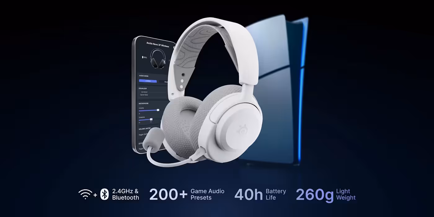 The white Arctis Nova 3P headset displayed on a desk beside a games console