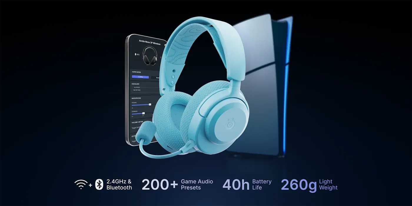 SteelSeries Arctis Nova 3P wireless headset in aqua shown in full