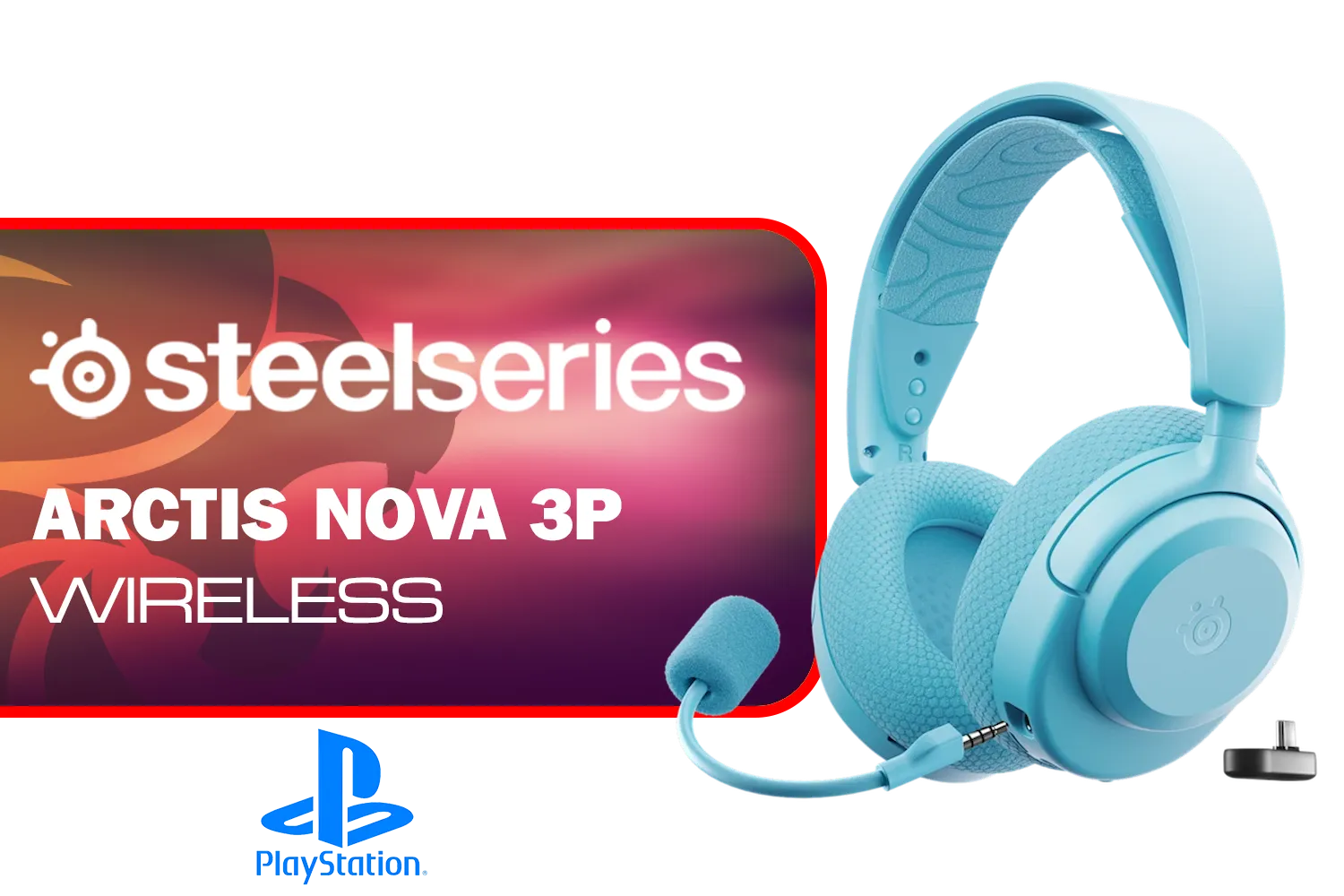 SteelSeries Arctis Nova 3P Wireless Playstation Gaming Headset - Aqua / 40mm Neodymium Drivers / 360° Spatial Audio / 30-Hour Battery Life / USB-C Dongle for Multi-Platform Use / Noise-Cancelling Mic / PS5/PS4, PC, Mac, Switch, Mobile, Meta Quest / 61688