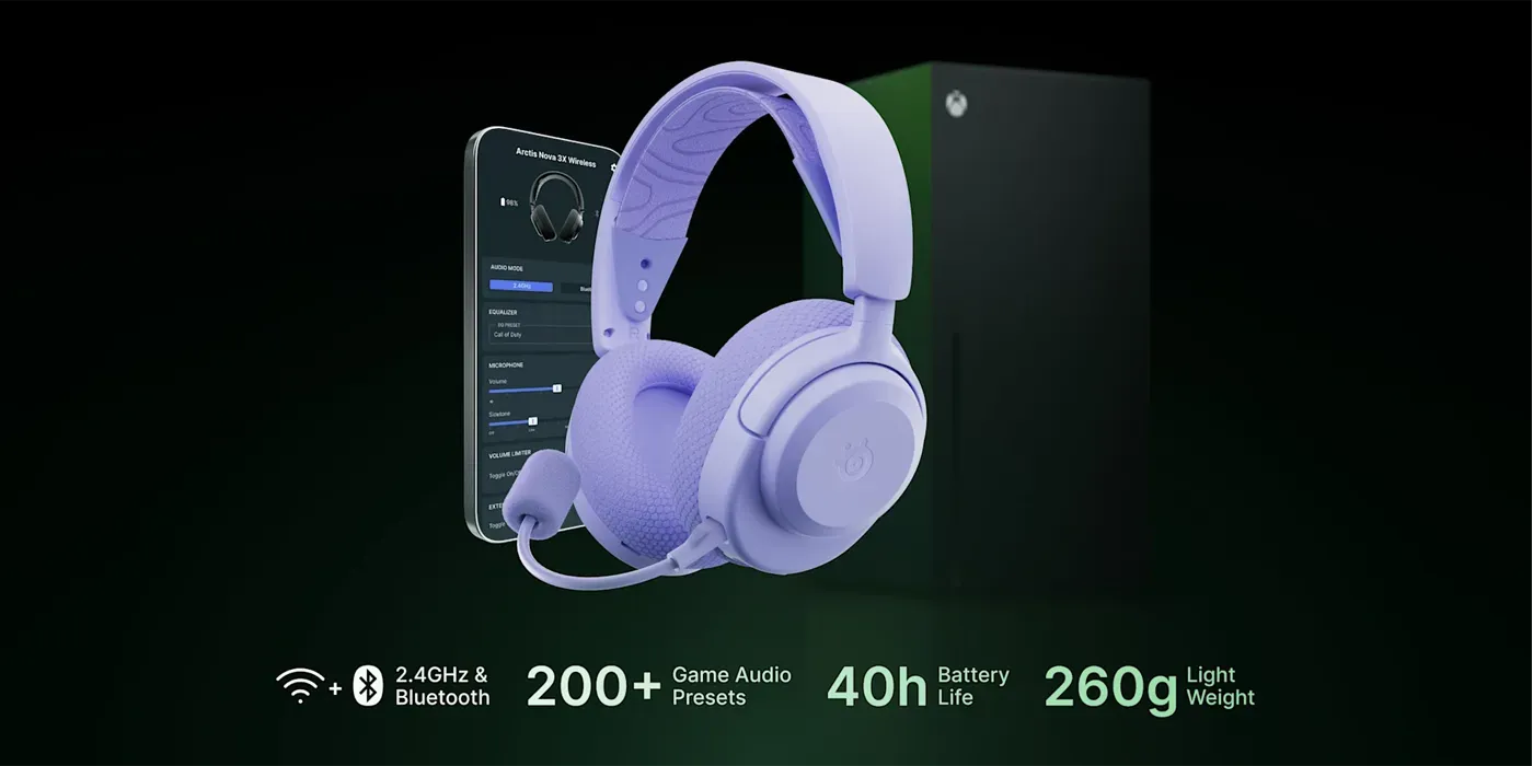 SteelSeries Arctis Nova 3X wireless gaming headset in lavender shown from the front