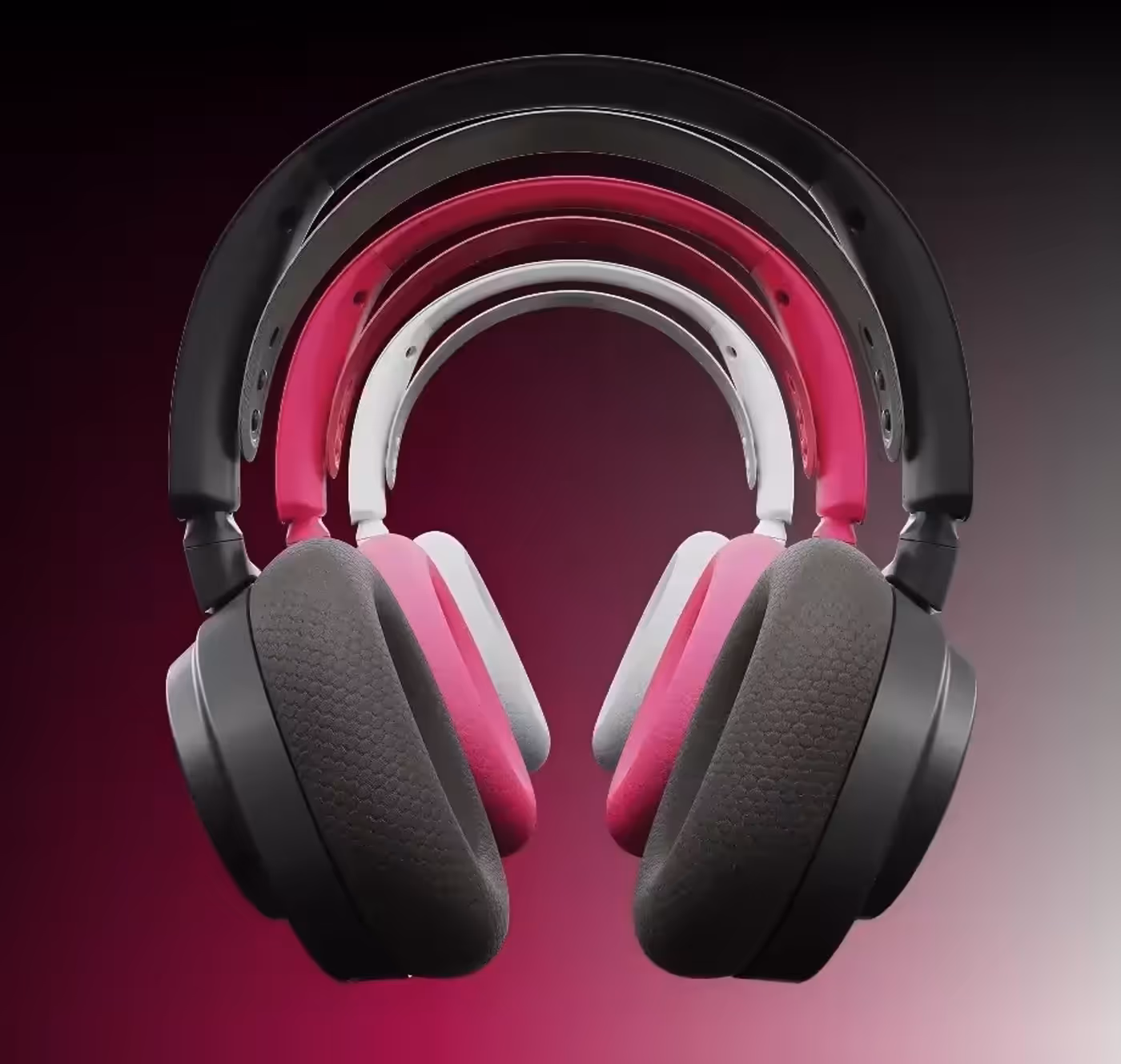 Arctis Nova 7X headset displayed in three different color variants.