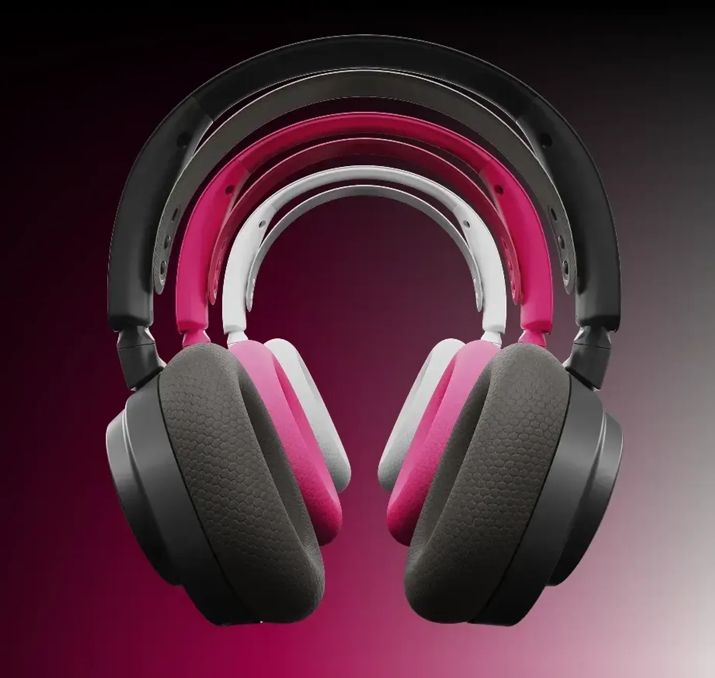 Arctis Nova 7P headset displayed in three different color variants.