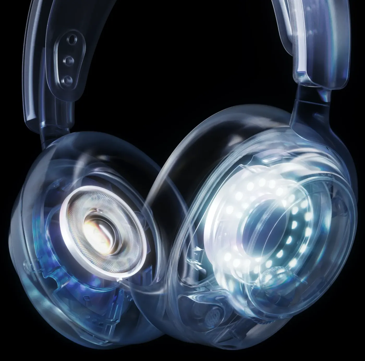 Close-up view of the high-fidelity neodymium magnet drivers inside the Arctis Nova 7P