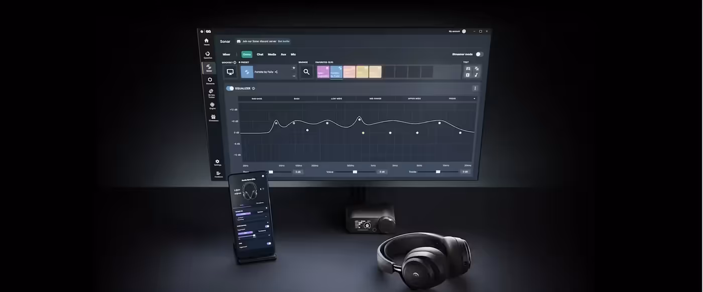 360-degree spatial audio rendering shown around a player using the Arctis Nova Elite