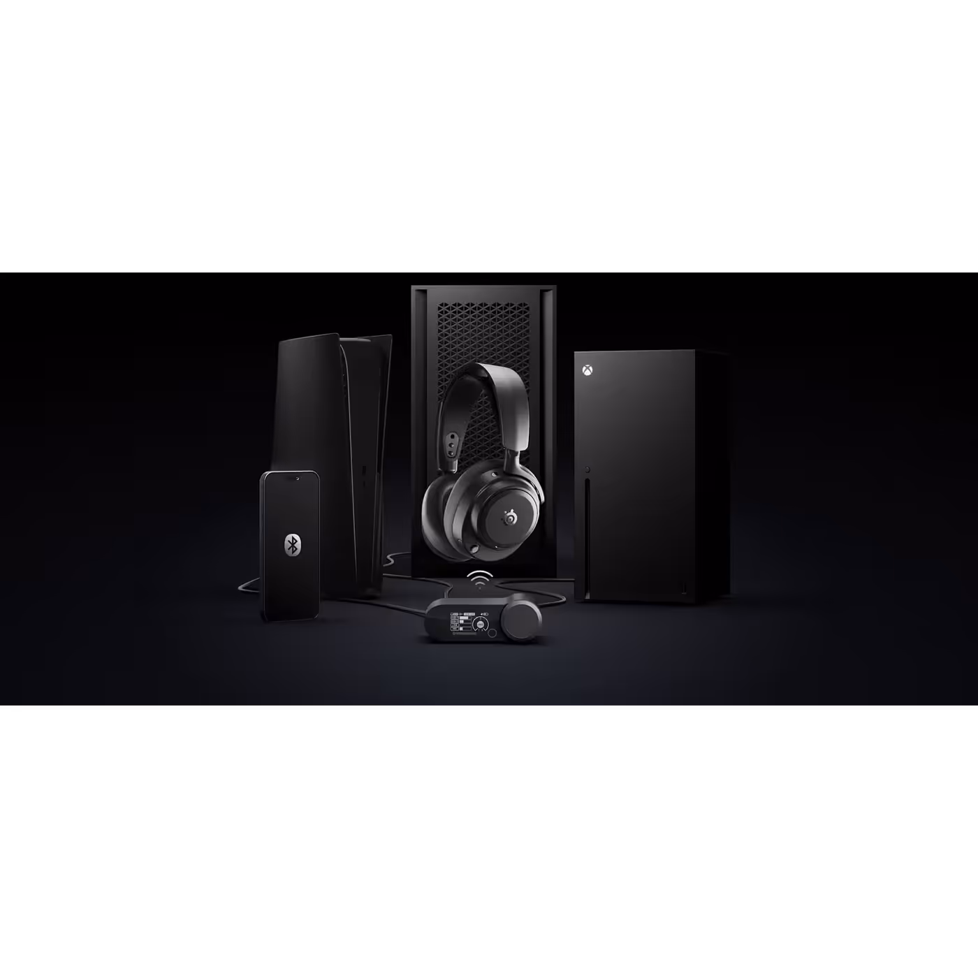 Arctis Nova Pro Omni Black in front of a PC, PlayStation, Xbox and phone