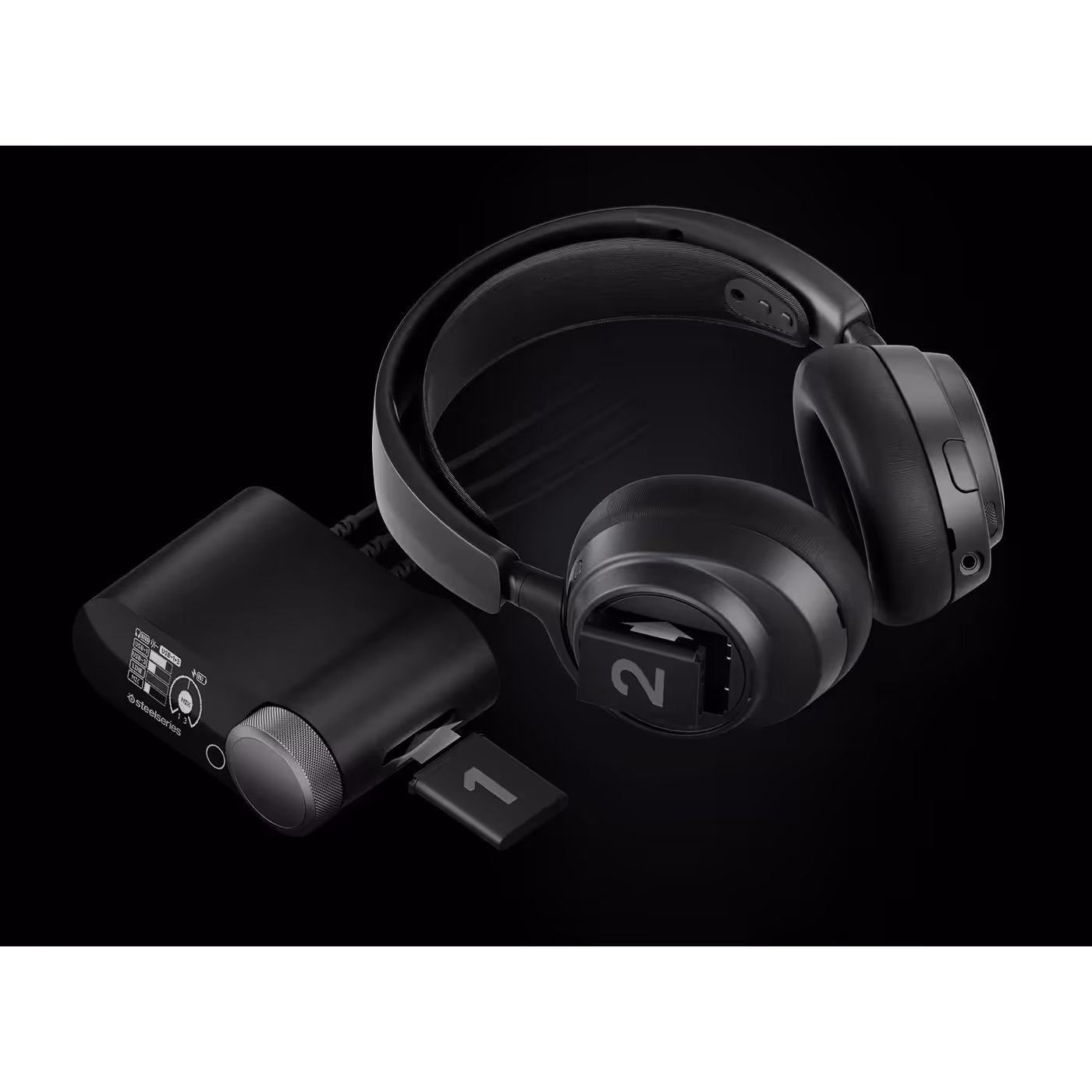 Arctis Nova Pro Omni Black with the GameHub battery slot and two batteries