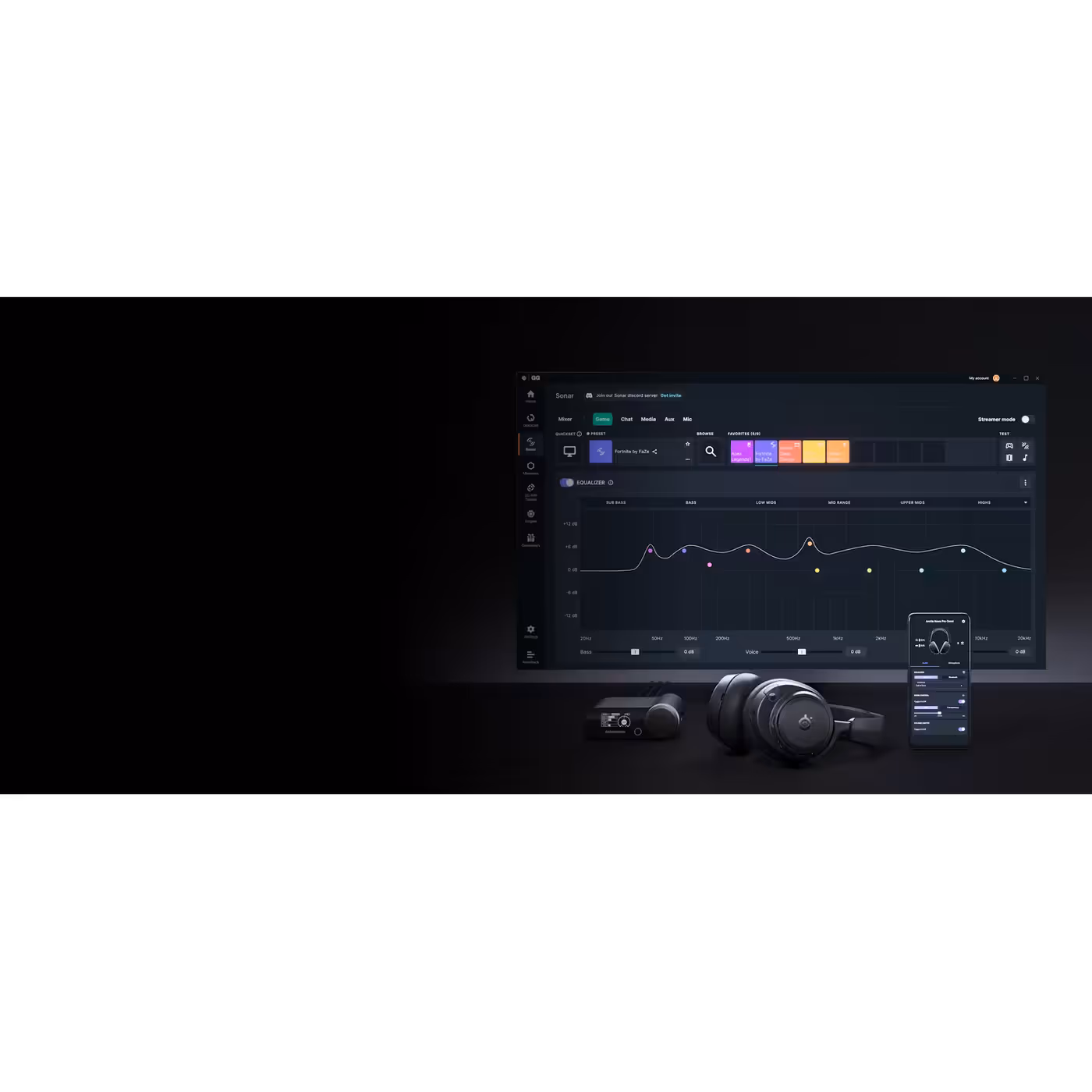 SteelSeries GG Sonar EQ on a monitor with the headset, GameHub and app